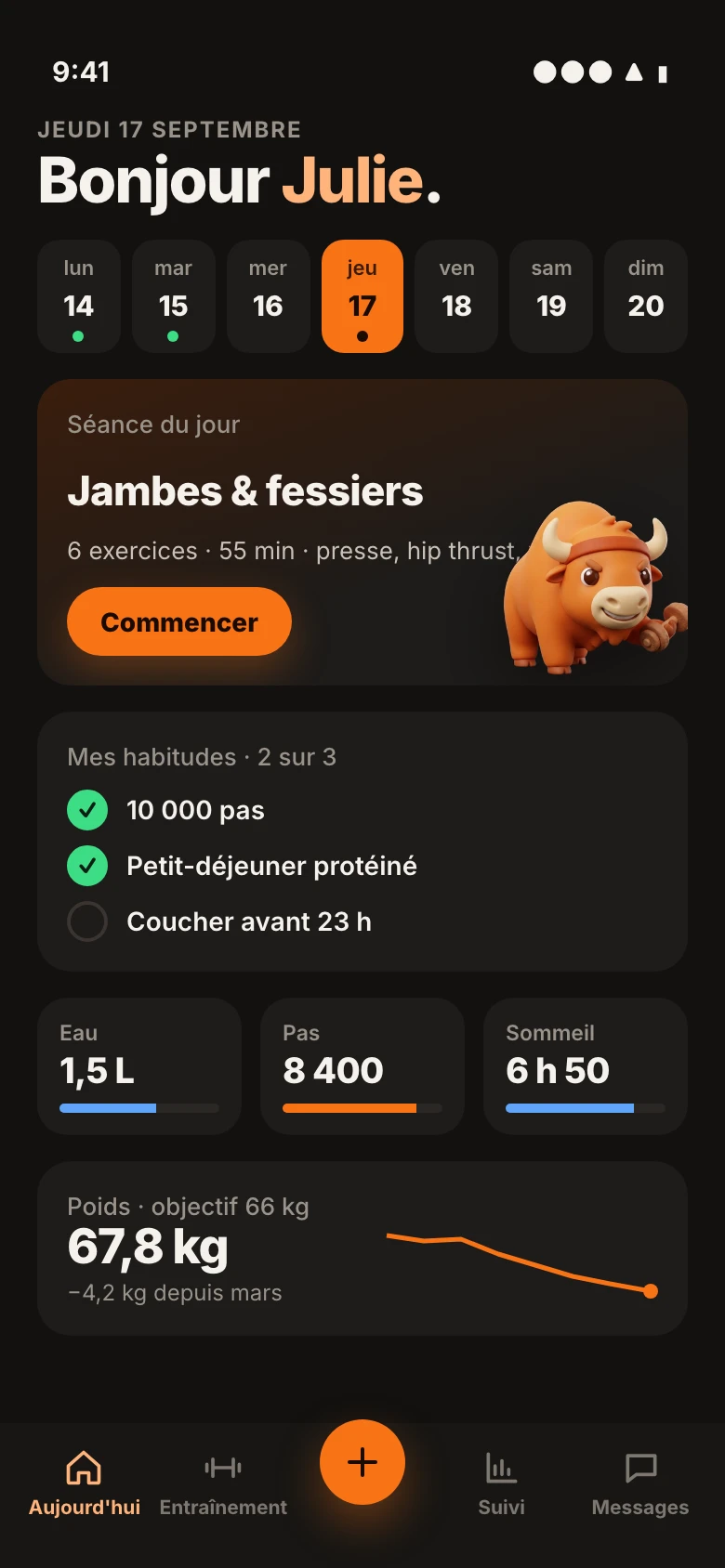 L'app client Elanci : séance du jour, habitudes, hydratation, poids